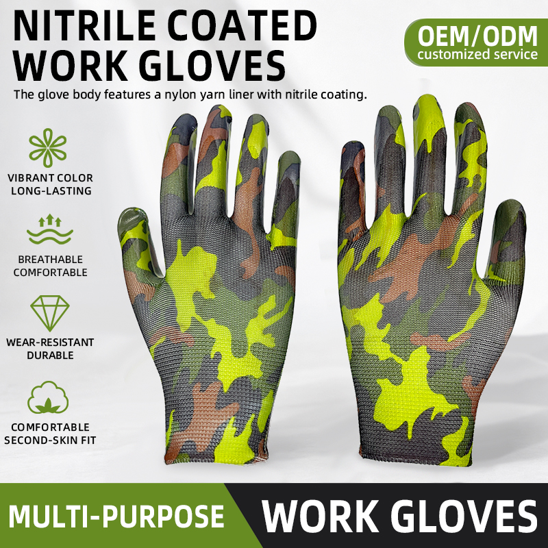 Hot Selling Hand Safety Work Gloves Printed Liner Work Nitrile Coated Gloves for Gardening
