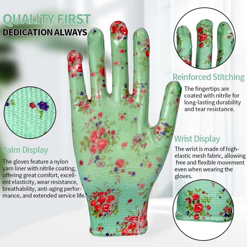 Women's Floral Nitrile Coated Garden Glove Breathable Anti-slip Safety Gloves for Yard Cleaning