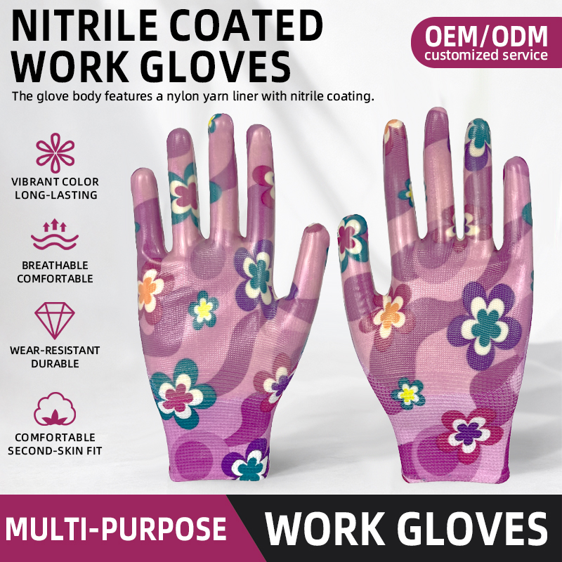 Wholesale Custom Floral Print Breathable Nitrile Gardening Planting Safety Gloves Nylon Weaving Work Gloves