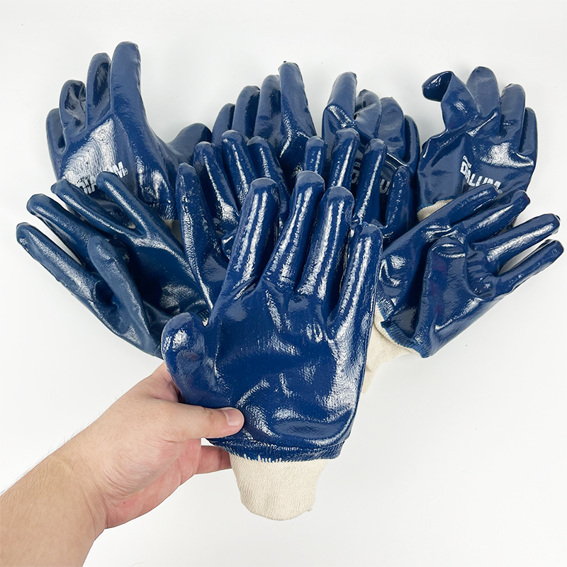 Blue Nitrile Fully Coated Jersey Liner Knit Wrist Industrial Work Gloves