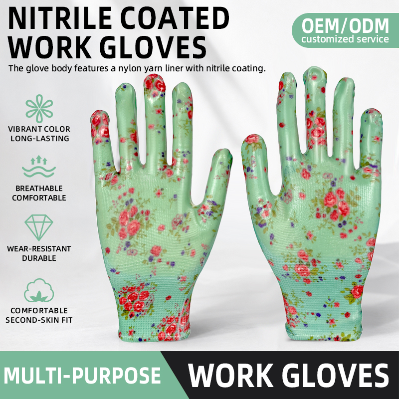 Women's Floral Nitrile Coated Garden Glove Breathable Anti-slip Safety Gloves for Yard Cleaning