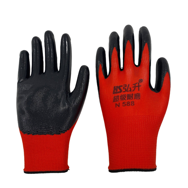 Polyester Lined Red Black Nitrile Palm Oil Coating Labor Protection Industrial Safety Glove