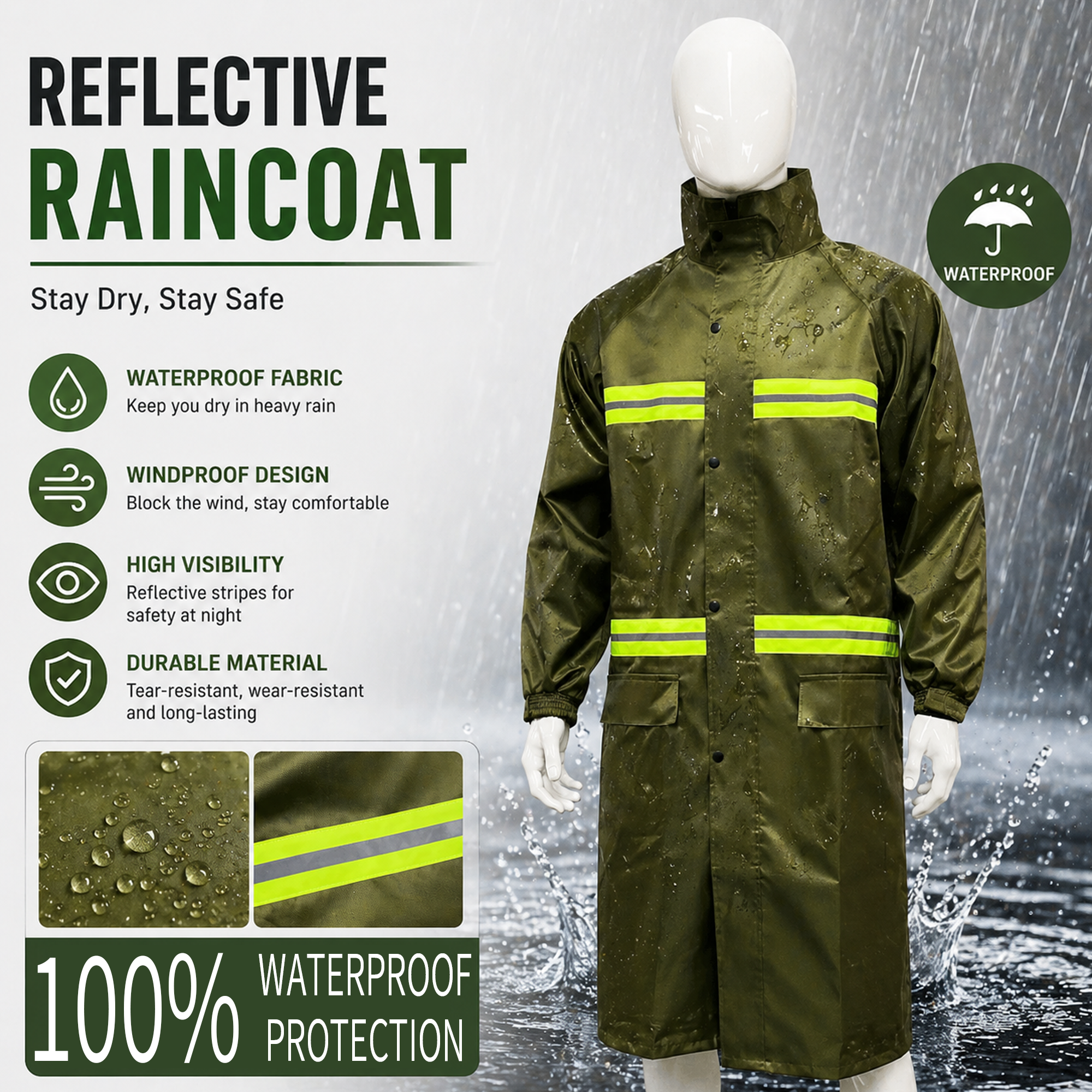 2026 New Design High Visibility Industrial Reflective Safety Raincoat Long Sleeve One-piece Waterproof Raincoat