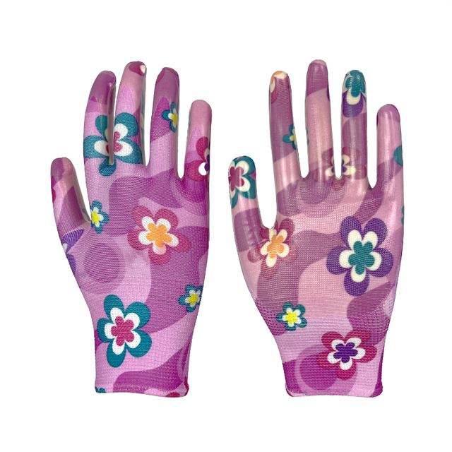 Wholesale Custom Floral Print Breathable Nitrile Gardening Planting Safety Gloves Nylon Weaving Work Gloves
