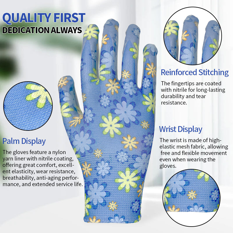 Nitrile Coated Palm Work Nylon Gloves Gardening Work Ladies Breathable Dipped Rubber Safety Gloves