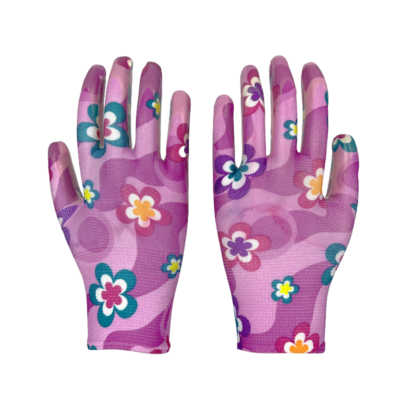 Wholesale Custom Floral Print Breathable Nitrile Gardening Planting Safety Gloves Nylon Weaving Work Gloves