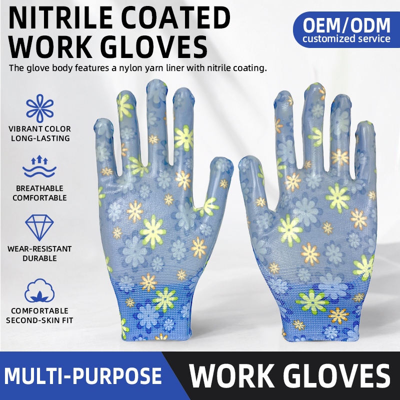 Nitrile Coated Palm Work Nylon Gloves Gardening Work Ladies Breathable Dipped Rubber Safety Gloves