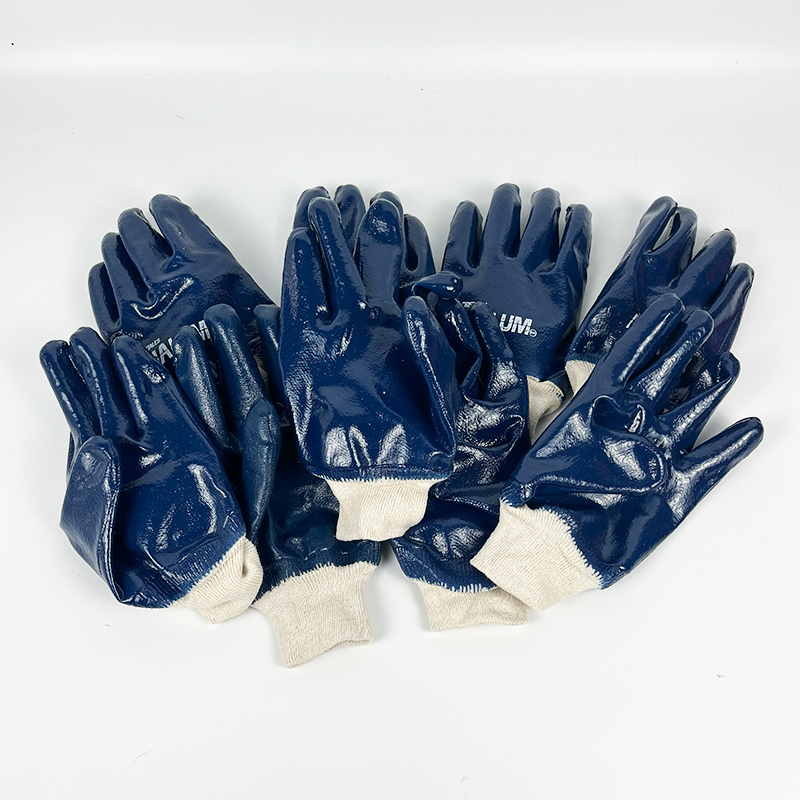 Blue Nitrile Fully Coated Jersey Liner Knit Wrist Industrial Work Gloves