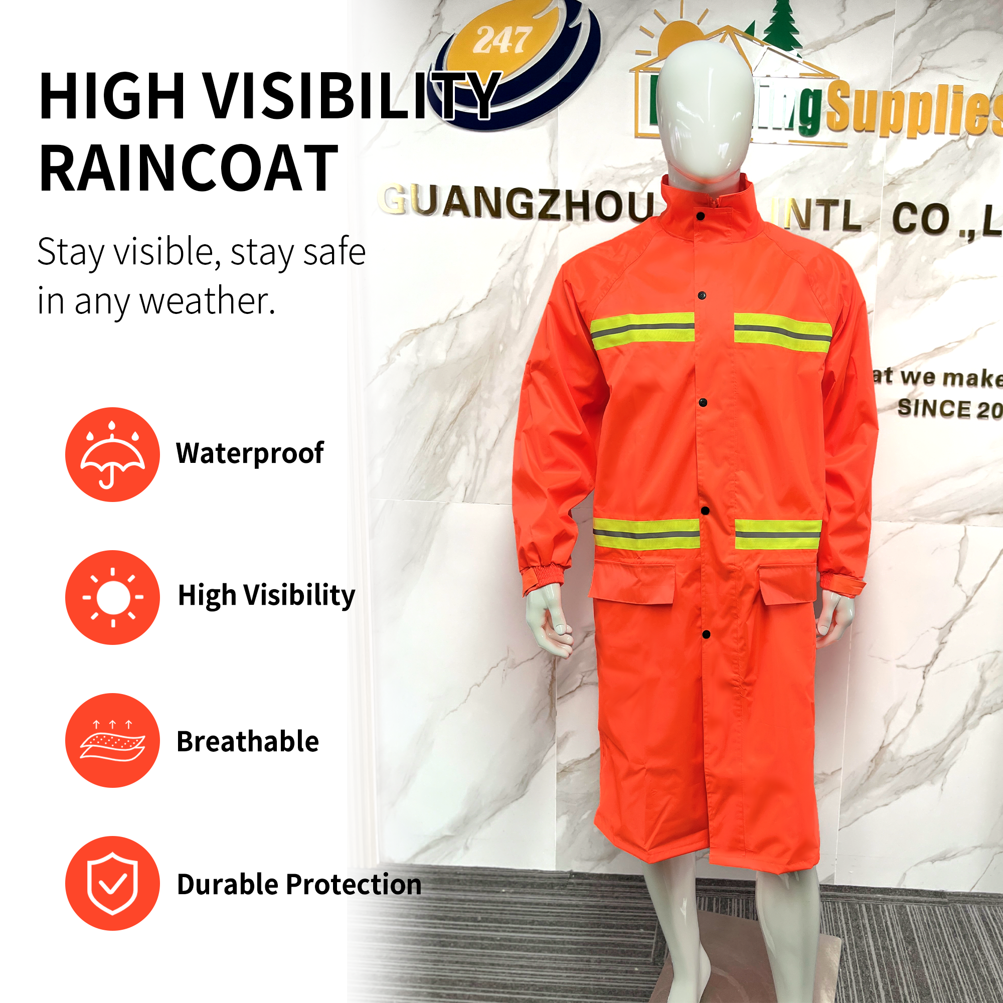 Hot Sale Good Price Custom Long Safety Waterproof Raincoat with Reflective High Visibility Strips