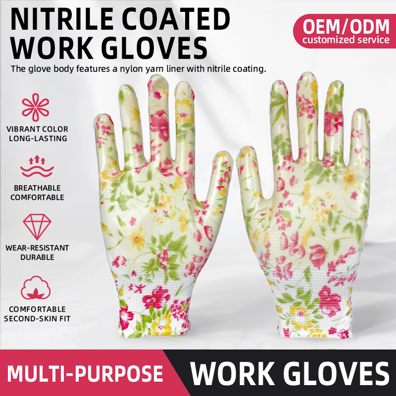 Wholesale Floral Print Mesh Gloves Safety Breathable Non Slip Garden Work Gloves for Woman
