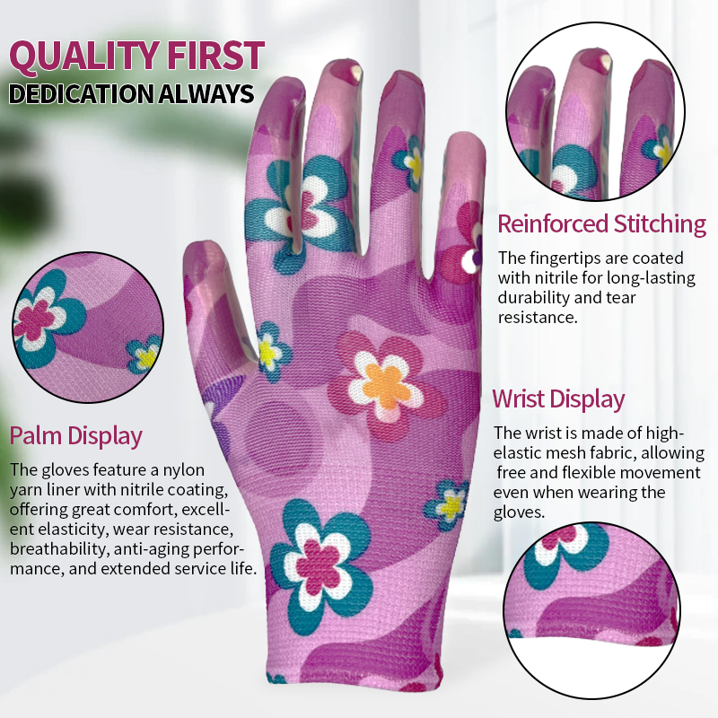 Wholesale Custom Floral Print Breathable Nitrile Gardening Planting Safety Gloves Nylon Weaving Work Gloves