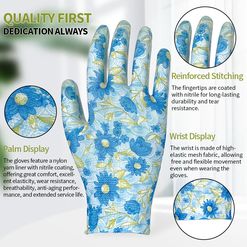 Nitrile Knitted Floral Work Gloves Smooth Nitrile Coated Garden Safety Protection Gloves