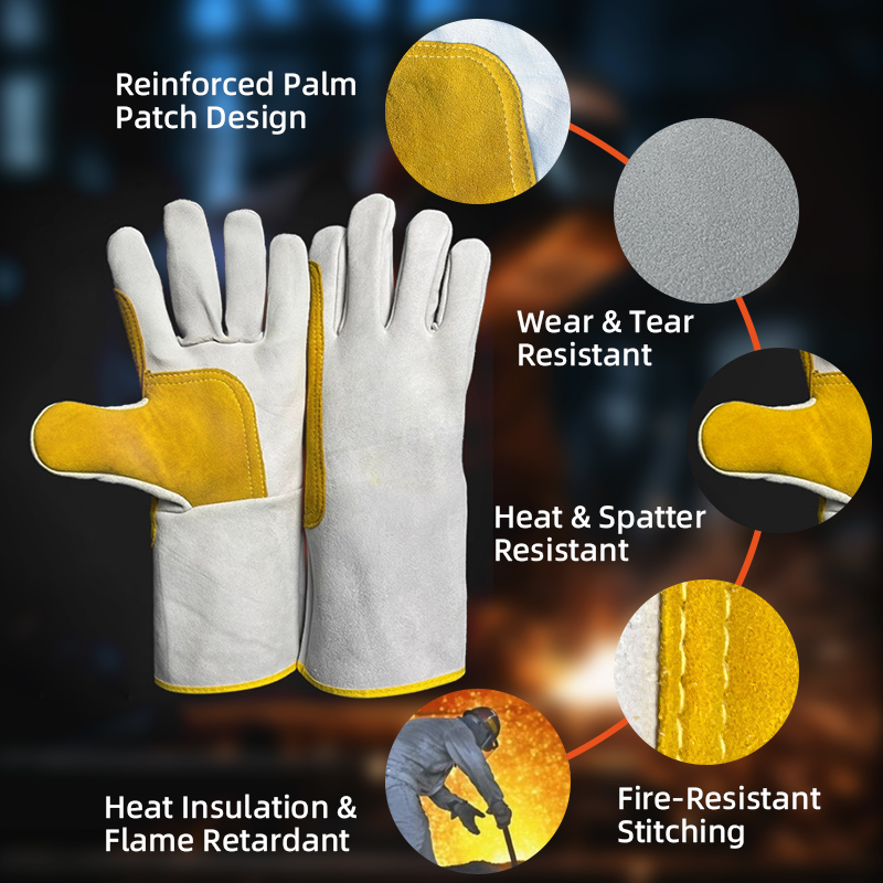 Reinforced Heat-Resistant Fleece Lining Cowhide Leather Safety Gloves Heavy Duty Anti-heat Breathable Welding Gloves