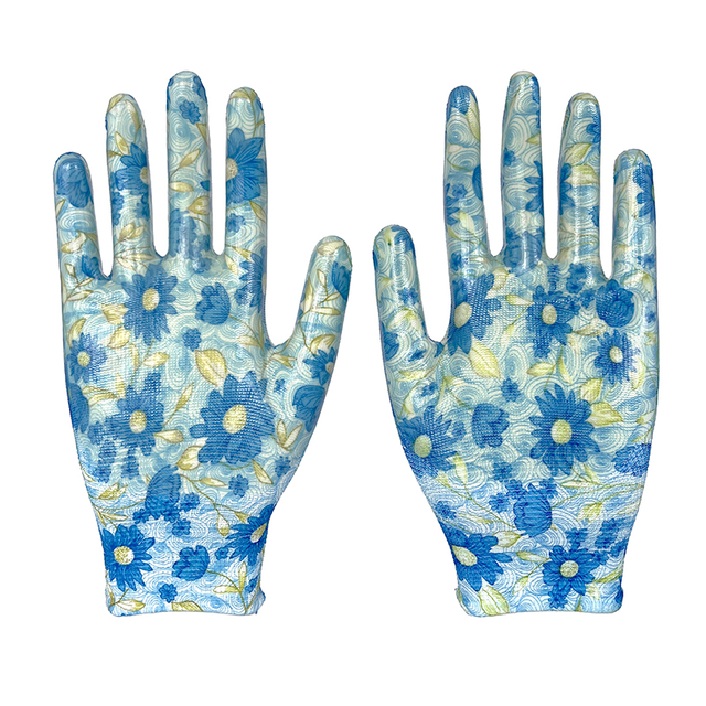 Nitrile Knitted Floral Work Gloves Smooth Nitrile Coated Garden Safety Protection Gloves