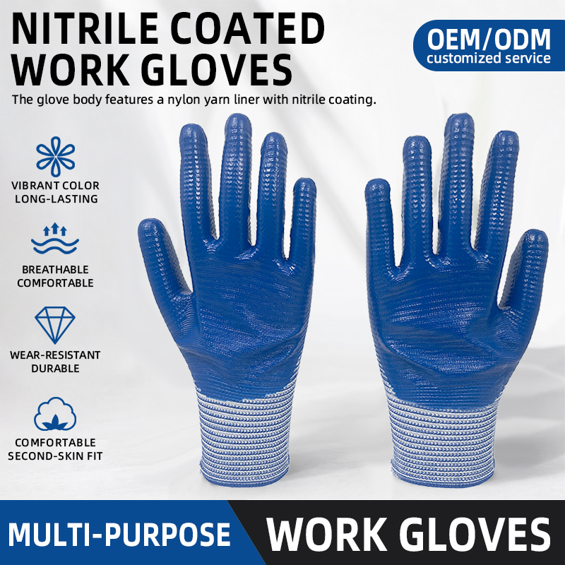 Lightweight Industrial Construction Flexible Breathable Nitrile Dipped Blue Nylon Knit Safety Gloves for Working