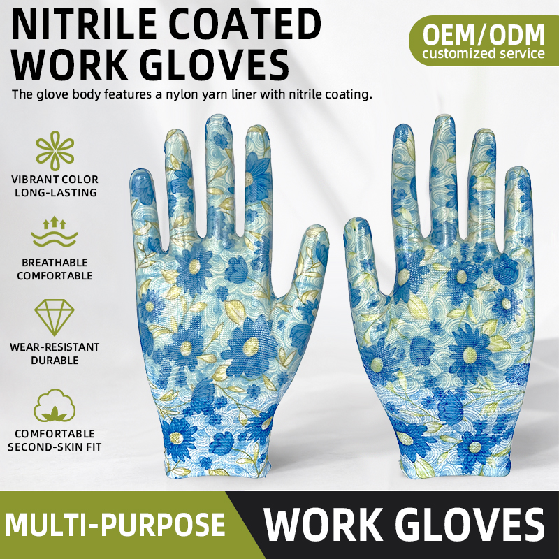 Nitrile Knitted Floral Work Gloves Smooth Nitrile Coated Garden Safety Protection Gloves
