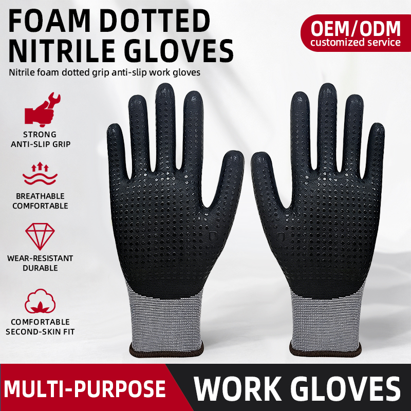 Breathable and Lightweight Nitrile Coated PVC Dots Knitting Nylon Glove Safety Gloves for Construction Work