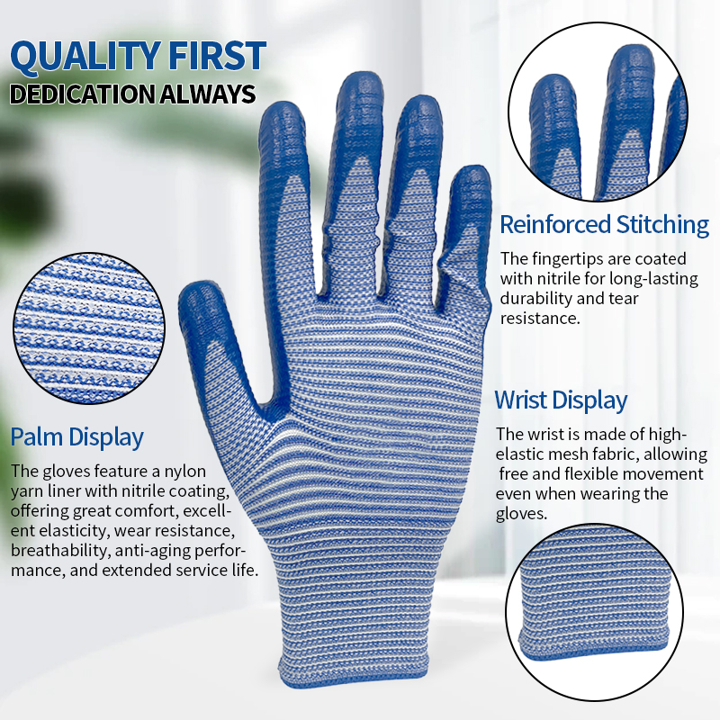 Lightweight Industrial Construction Flexible Breathable Nitrile Dipped Blue Nylon Knit Safety Gloves for Working