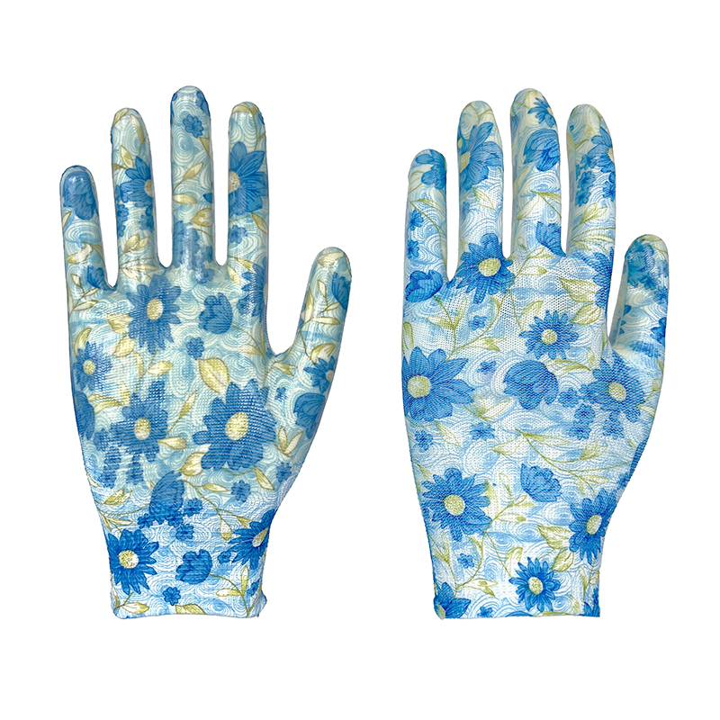 Nitrile Knitted Floral Work Gloves Smooth Nitrile Coated Garden Safety Protection Gloves