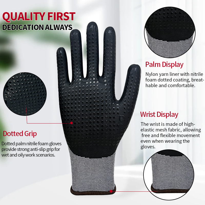 Breathable and Lightweight Nitrile Coated PVC Dots Knitting Nylon Glove Safety Gloves for Construction Work